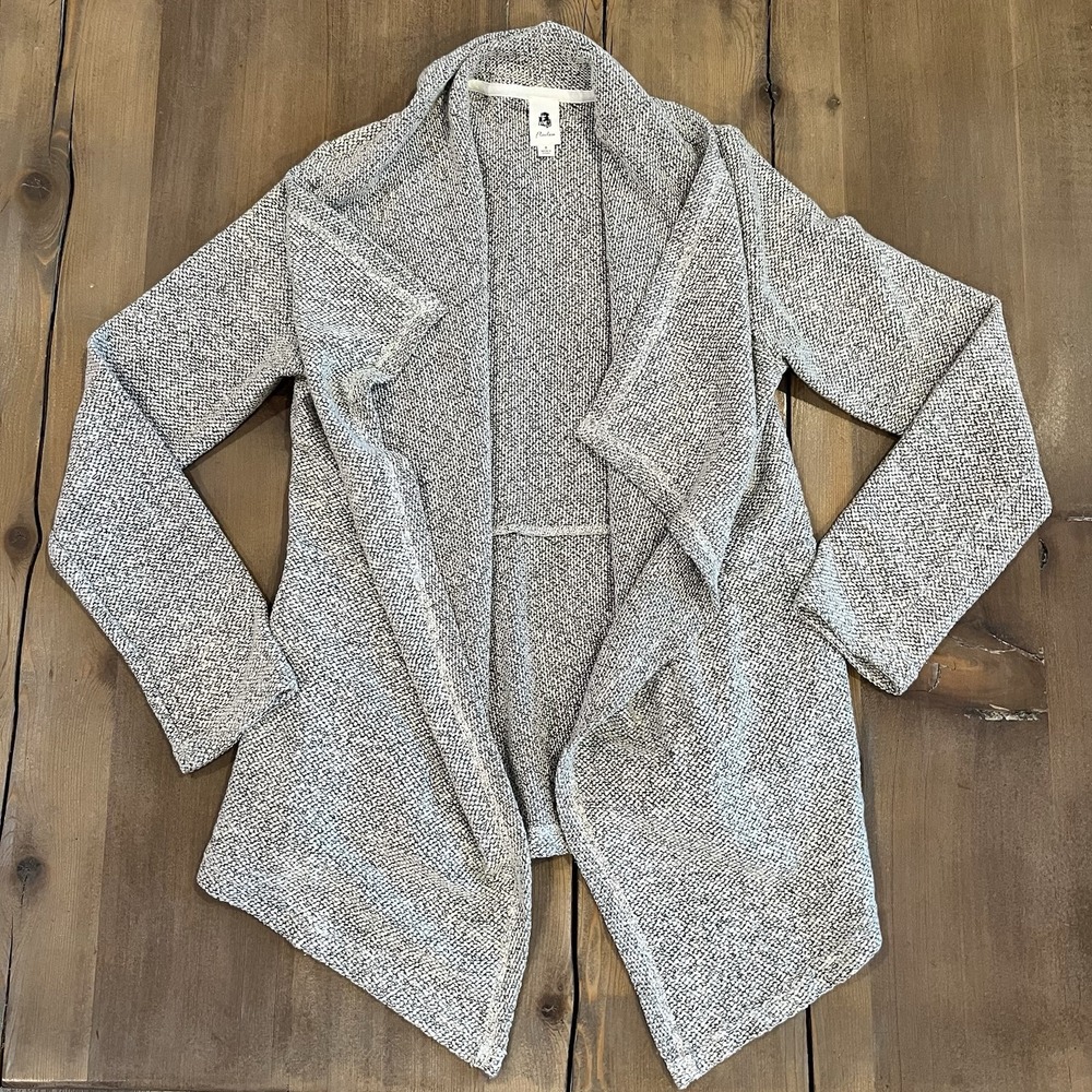 Flawless Tweed Salt Pepper Draped Open Front Long Sleeve Cardigan Sweater Small